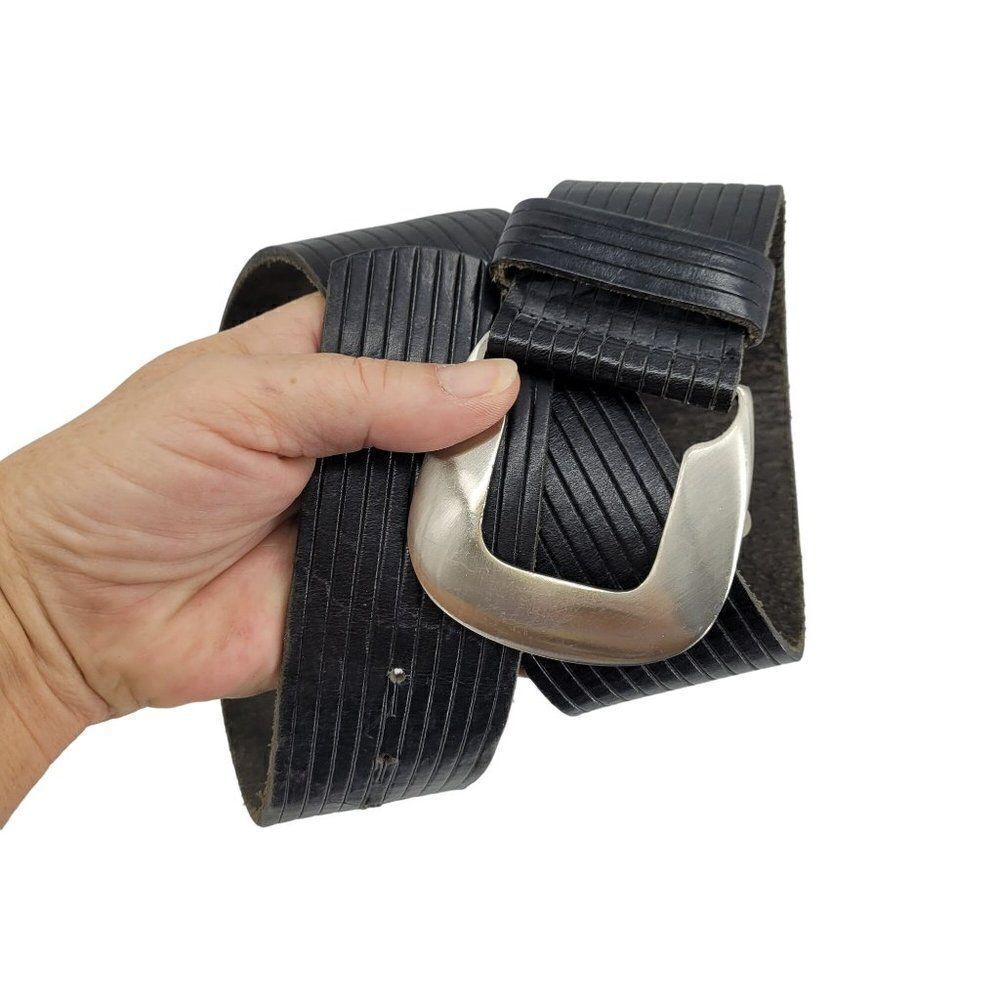 Vintage Echo Belt Black‎ Genuine Leather Wide Tooled Striped Silver Peg Buckle S